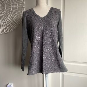 Addition Elle - Lace & Shimmery Sequin Front, Long Sleeve Tee Comfort‌